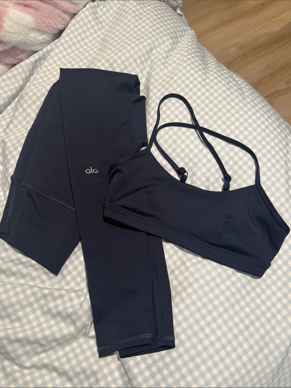 ALO Yoga Navy Strappy Sports Bra and High-Waist Leggings